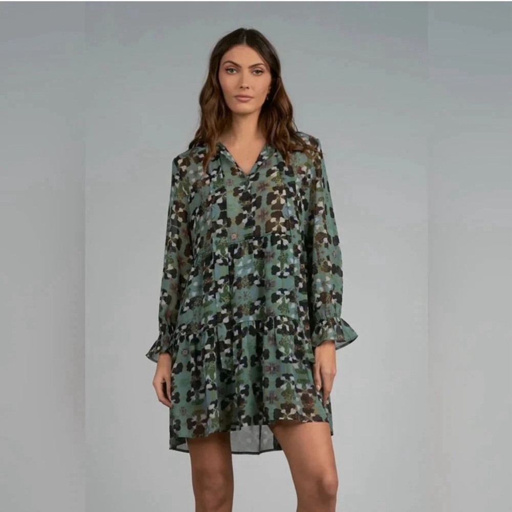 abstract floral dress;  v- neckline; ballon sleeve with elastic cuffs.